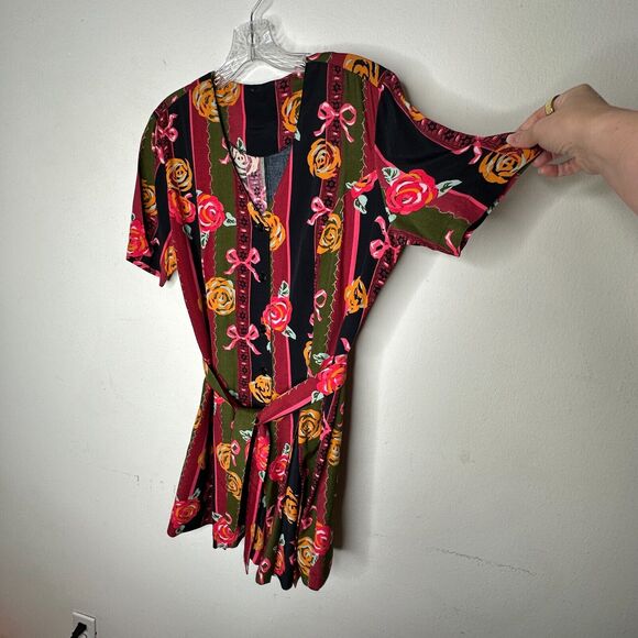 NWT RARE Vintage Dead Stock Black Green Stripe Red Rose Pink Bow Romper Medium - Picture 4 of 9